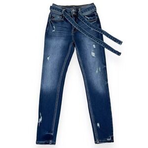 KanCan Jeans Womens 3/25 Blue Distressed Belted High Waisted Skinny Denim EUC